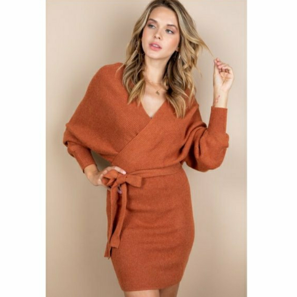 Modena Rust Color Dolman Sleeve Bodycon Sweater Dr